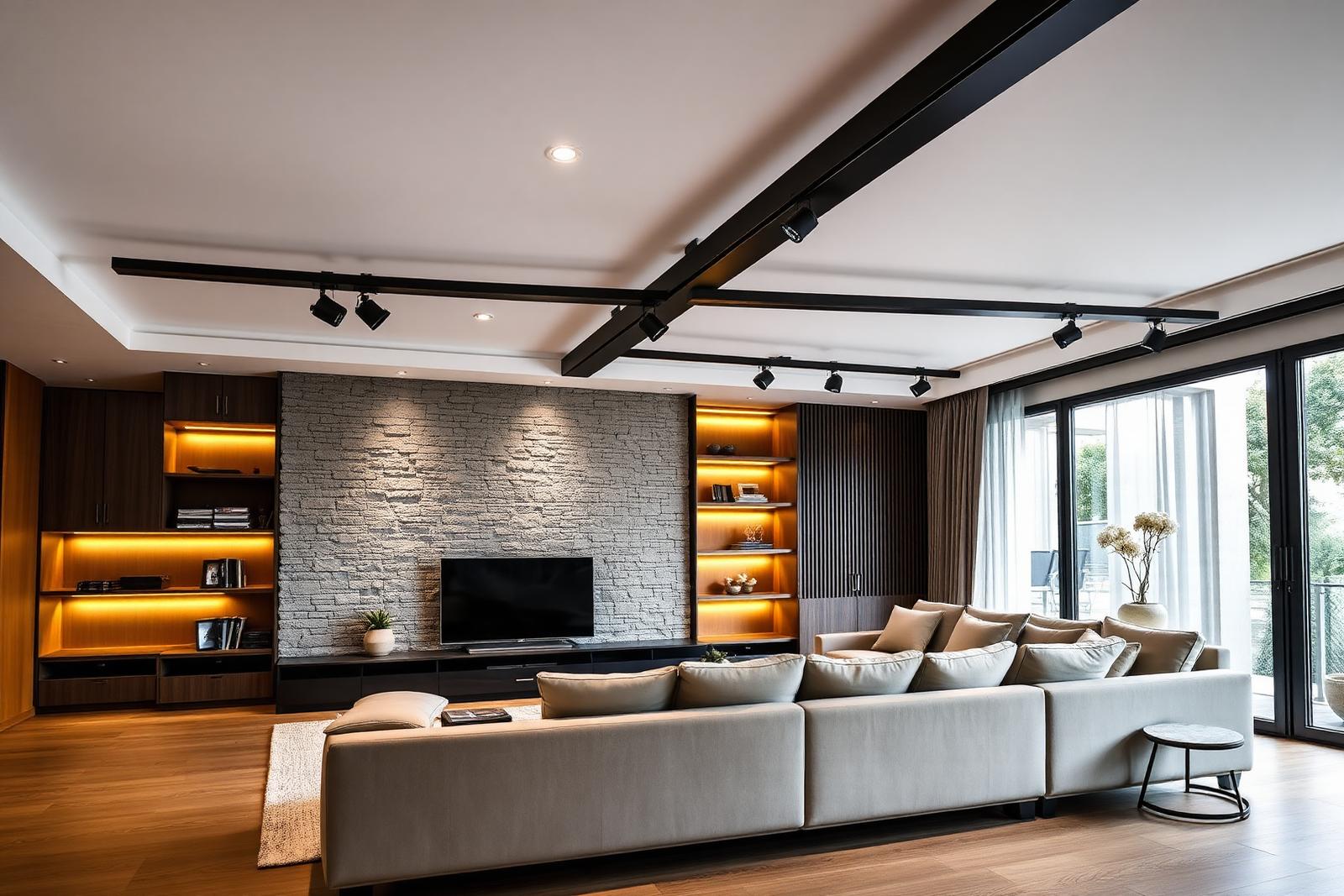 Uitgevoerd lichtplan met matzwarte railverlichting en accentspots in een moderne woonkamer